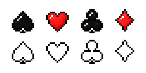 Card suit pixel icon set. Poker 8 bit heart, spade, club and diamond collection.