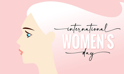 International women's day elegant lettering on pink background with beautiful woman. Greeting card for Happy Womens Day with elegant hand drawn calligraphy. Vector illustration