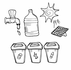 Set of doodle outline ecological icons isolated on white background. Zero waste life concept. Earth day concept