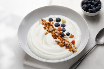 Granola with nuts, yogurt and berries in bowl. Nature Breakfast with muesli, yoghurt and...