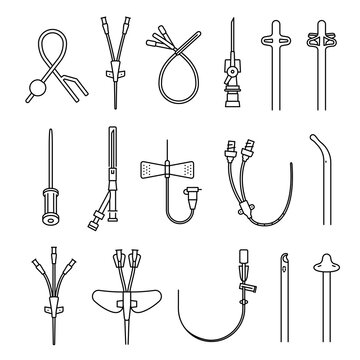 Collection monochrome simple catheter line icon vector medical needles for access to blood