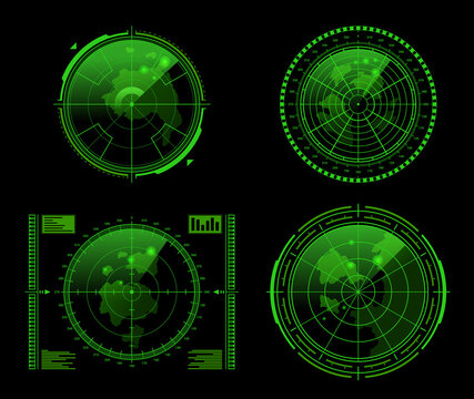 Collection realistic neon green radar screen vector illustration monitoring interface with map pin