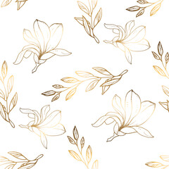 Seamless patterns. Luxurious golden magnolia and branches with foliage. Isolated on white background. The line art is thin. Delicate floral pattern, gold leaf. vector file.