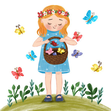 Little girl with flower basket and flying butterflies