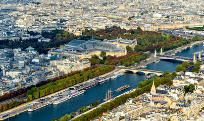 Stunning aerial view of Paris from Notre Dame Church. The river Seine and on the rive droite the...