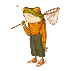 The Moth Catcher, vector illustration. Dreamy anthropomorphic frog holding a butterfly net over his shoulder and observing flying moth. Humanized hipster toad. An animal character with a human body