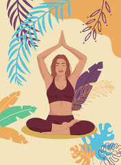 Young girl meditating in lotus position with tropic leafs on background in faceless style for posters, websites. Concept for yoga meditation healthy lifestyle relax and sports activities
