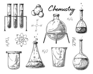 Set of different pharmaceutical flasks, beakers and test tubes. A sketch of chemical laboratory objects. - 487874947