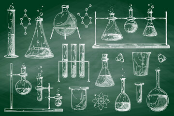 Set of different pharmaceutical flasks, beakers and test tubes. Sketch of chemical laboratory objects on a chalk board.