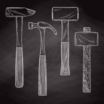Set of different hammers. Hammers isolated on a blackboard. Vector illustration in sketch style