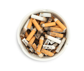 Ceramic ashtray full of cigarette stubs isolated on white, top view
