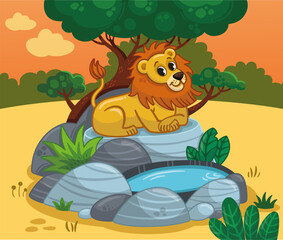 Happy Lion sitting on a rock looking over Savannah. Vector illustration.
