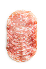 Sliced salami. Chopped pork sausage isolated on white background.