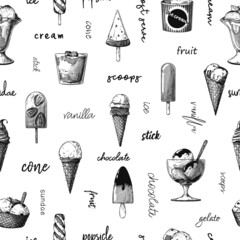 Seamless pattern with ice cream. Realistic ice cream. Vector illustration in sketch style