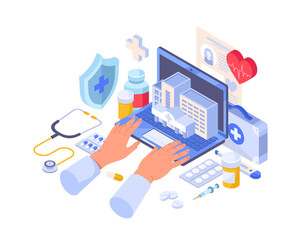 Concept of health care. Modern technologies, Internet and interaction with doctor. Conferencing, specialist will diagnose his own patient, search for optimal treatment. Volumetric vector illustration