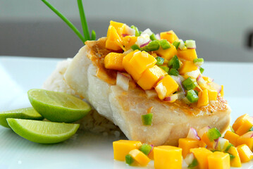fish dish with mango, green chili, red onion and lemon slices, close up view