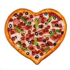heart shaped pizza isolated on white background for restaurant website