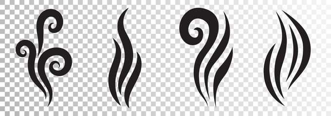 Hot coffe steam vapor, smoke icons. Perfume fragrance, food flavors signs.