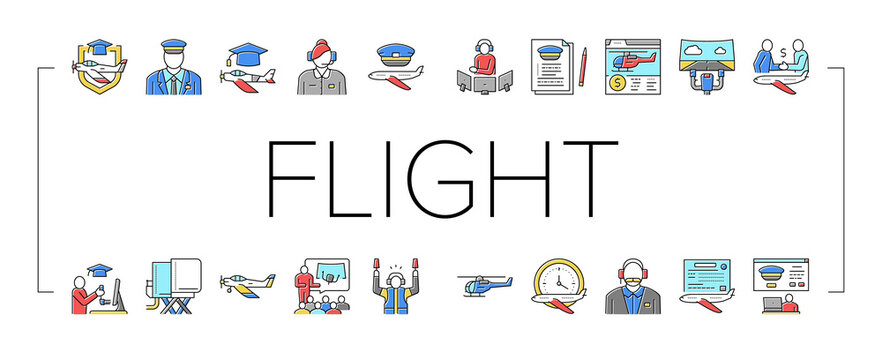 Flight School Educate Collection Icons Set Vector .