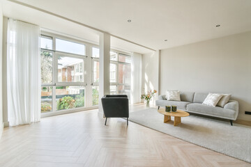 interior of modern living room with a wall filled with windows