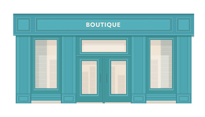 Boutique shop store facade with showcases, large windows and columns. Detailed stylish shop. Stylish exterior design of a street store. Flat style vector illustration.