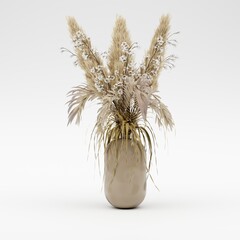 Bouquet of dried plants in a vase on a white background