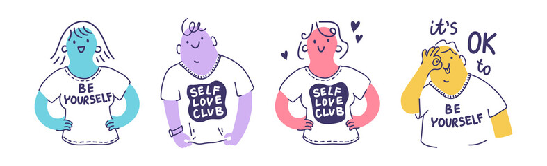 Collection of people portraits for web or app illustrations. Funny vector woman and man for mental health content. Self-love and self-acceptance concepts. Isolated on white. 