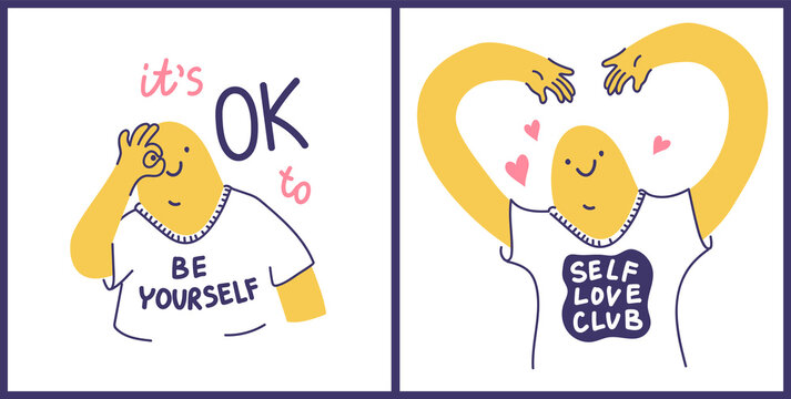 Self love club & It's ok to be yourself vector illustrations. Doodled images of abstract people with quotes on their t-shirts. Mental health supporting concept.