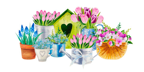 watercolor set of spring flower bouqets in cup, jug and wooden box, birdhouse