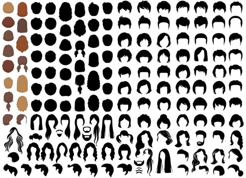 Set of hairstyles for womenand men. Collection of black silhouettes of hairstyles for girls and boys. Fashionable hairstyles.