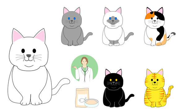 Collection of fat cats with female veterinarian presenting the special cat food
