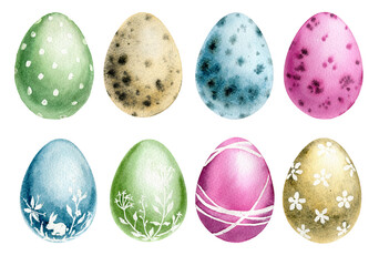 Watercolor easter eggs. Colorful decorative symbol elements for greeting card
