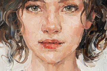 Pensive girl with beautiful gray eyes and long hair. Created in the expressive manner with brush strokes, oil painting on canvas.