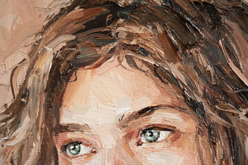 A fragment of a painting depicting a young girl. Grey-eyed girl with a pigtail. Oil painting on canvas.