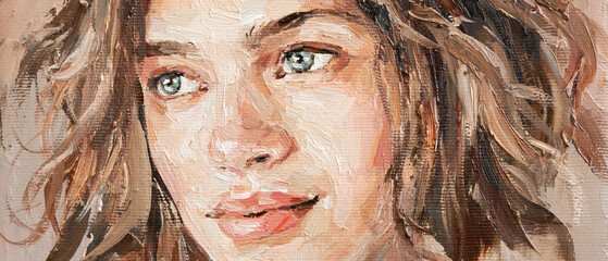 A fragment of a painting depicting a young girl. Grey-eyed girl with a pigtail. Oil painting on canvas. © Mariia