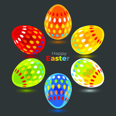 Happy Easter. Festive Easter eggs painted in bright cheerful colors on a dark background. Vector illustration.