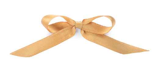 Fototapeta premium Beautiful golden ribbon tied in bow isolated on white, top view