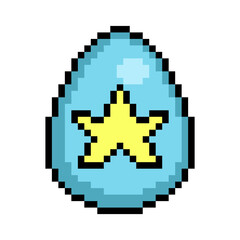 Easter egg painted blue decorated with yellow star symbol, 8 bit icon isolated on white background. Old school vintage retro 80s, 90s 2d video game, slot machine graphics.