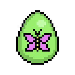 Easter egg painted green decorated with pink butterfly symbol, 8 bit icon isolated on white background. Old school vintage retro 80s, 90s 2d video game, slot machine graphics.