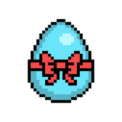 Easter egg painted blue decorated with red ribbon bow, 8 bit icon isolated on white background. Old school vintage retro 80s, 90s 2d video game, slot machine graphics.