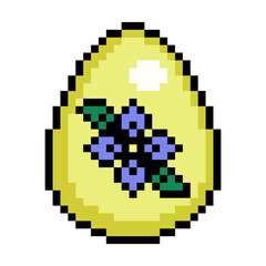 Easter egg painted yellow decorated with violet flower symbol, 8 bit icon isolated on white background. Old school vintage retro 80s, 90s 2d video game, slot machine graphics.