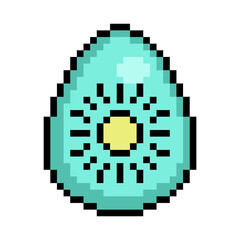 Easter egg painted blue decorated with yellow sun symbol, 8 bit icon isolated on white background. Old school vintage retro 80s, 90s 2d video game, slot machine graphics.