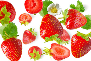 Randomly falling strawberries on a white background