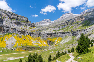 Views of the horsetail waterfall in Ordesa and Monte Perdido National park.
