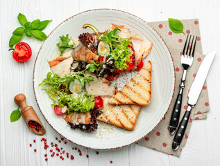 Healthy Grilled Chicken Caesar Salad with Cheese and Croutons
