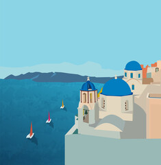 Panorama of Santorini, Greece. White buildings, sea and yachts. Vector flat illustration.