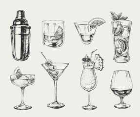 Set of sketch cocktails alcohol drinks vector hand drawn illustration