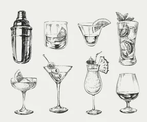 Foto op Plexiglas Set of sketch cocktails alcohol drinks vector hand drawn illustration © martstudio