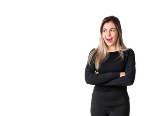 Young pretty confident manager business woman cross arms looking to left side making face isolated on white background