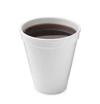 Styrofoam cup with coffee isolated on white